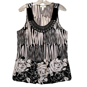 Dress Barn Women's Sleeveless Black And White Roses Jeweled Tank  Top Size XL